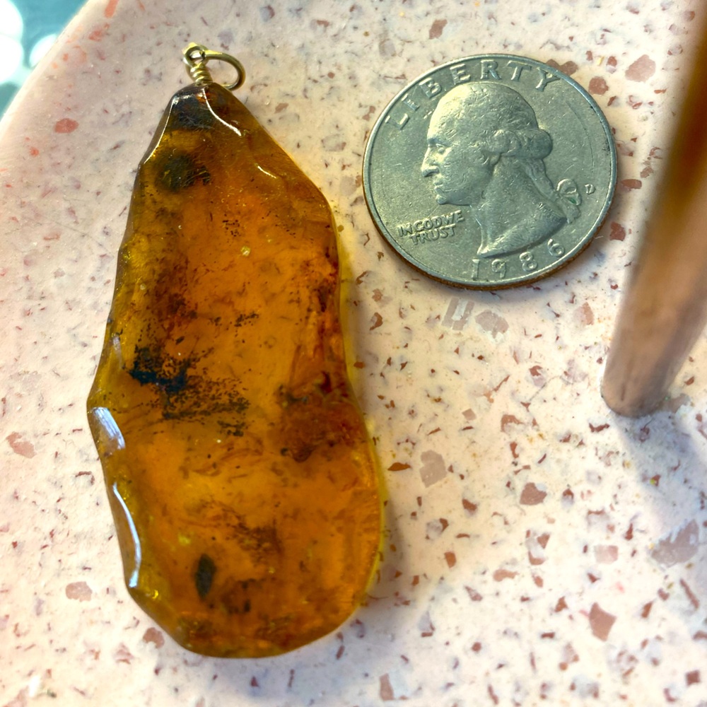 Massive Antique Baltic Amber Slice Pendant w/ Bits of Flora